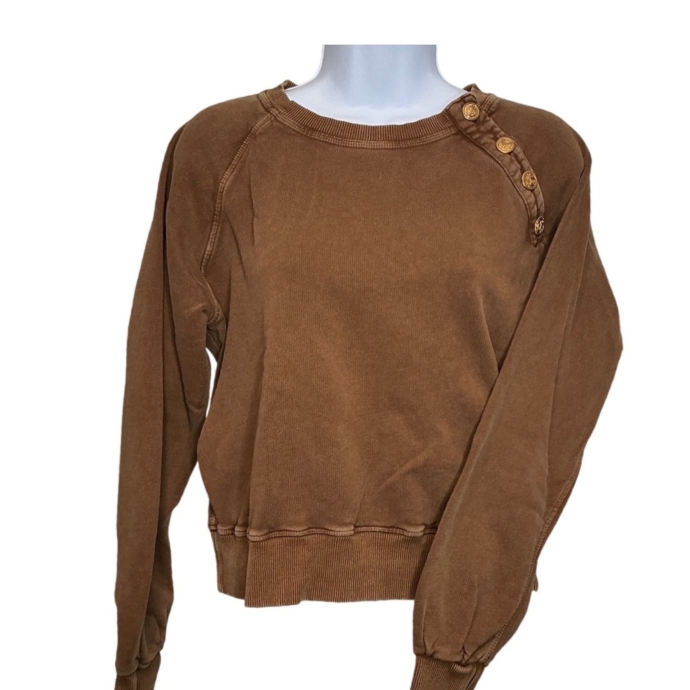 LEON & HARPER‎ Womens Brown Pre-Faded Crew Neck Sweatshirt Sz M Button Shoulders
